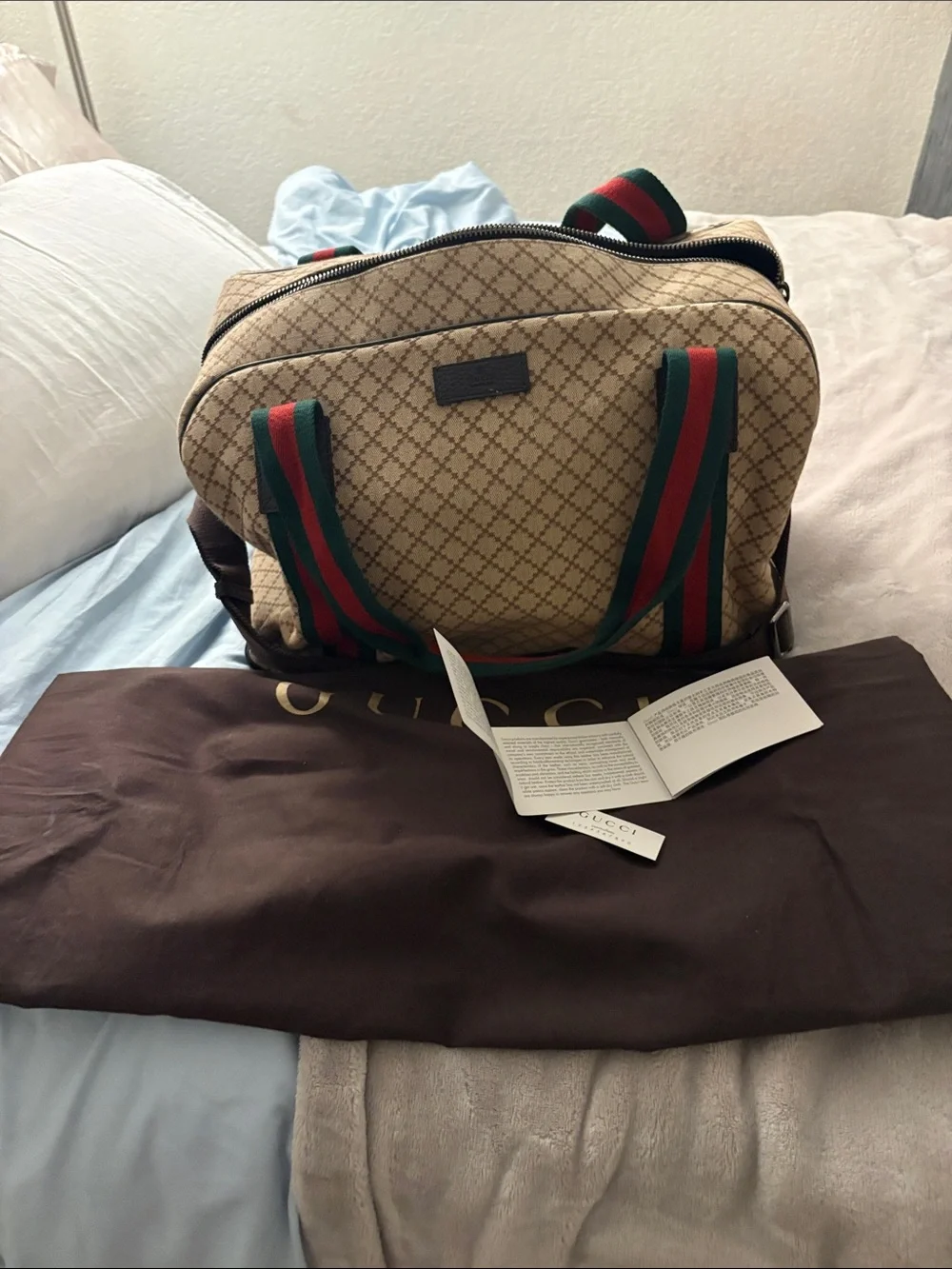 Vintage Gucci Beige Monogram Backpack with Green and Red Stripes
